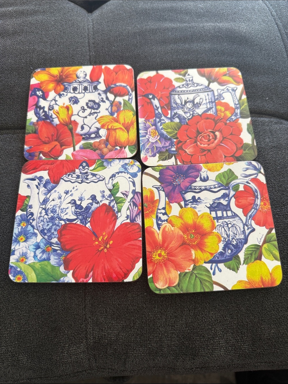 Home Essantials Floral Blue Teapot cork Coaster Set - Bright Multi-Color